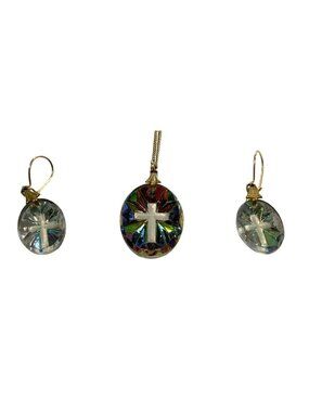 Aurora Borealis Cross Pendant Necklace Earring Set Christian Catholic Religious
